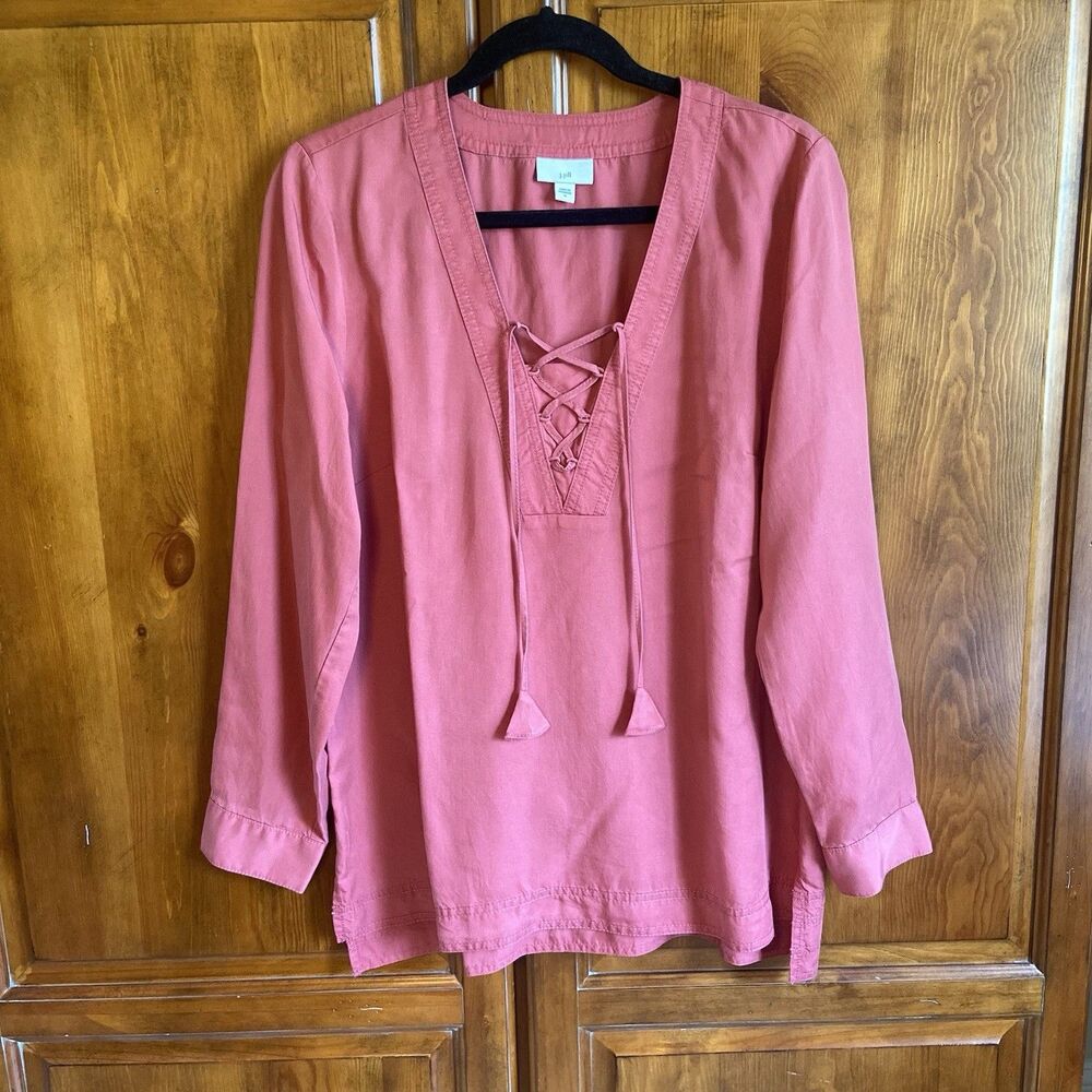 J. Jill Lace Up V-Neck Corset Tunic Blouse Size Medium Coral Pink Coastal Summer